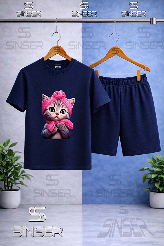 Children's Seker Cat Half Printed Crew Neck T-Shirt - Shorts Set