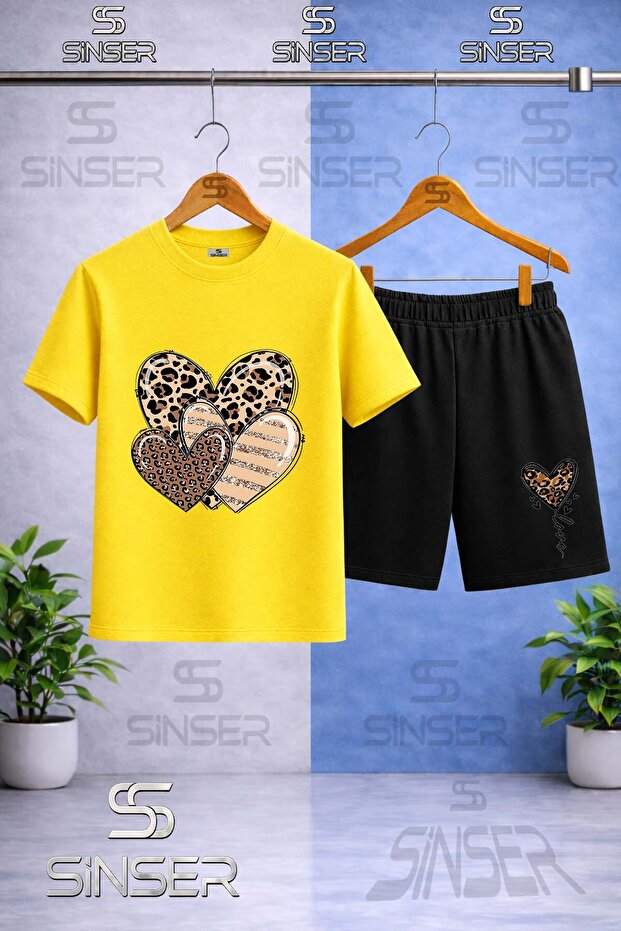Children's Heart Leopard Pattern Printed Crew Neck T-Shirt - Shorts Set