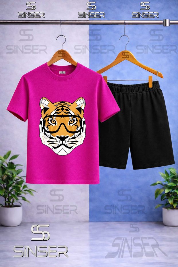 Children's Tiger Head with Glasses Printed Crew Neck T-Shirt - Shorts Set