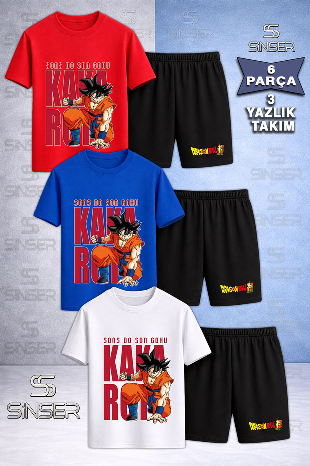 Children's Goku Back Writing Printed Punch Printed Crew Neck 3-Piece T-Shirt - Shorts Set