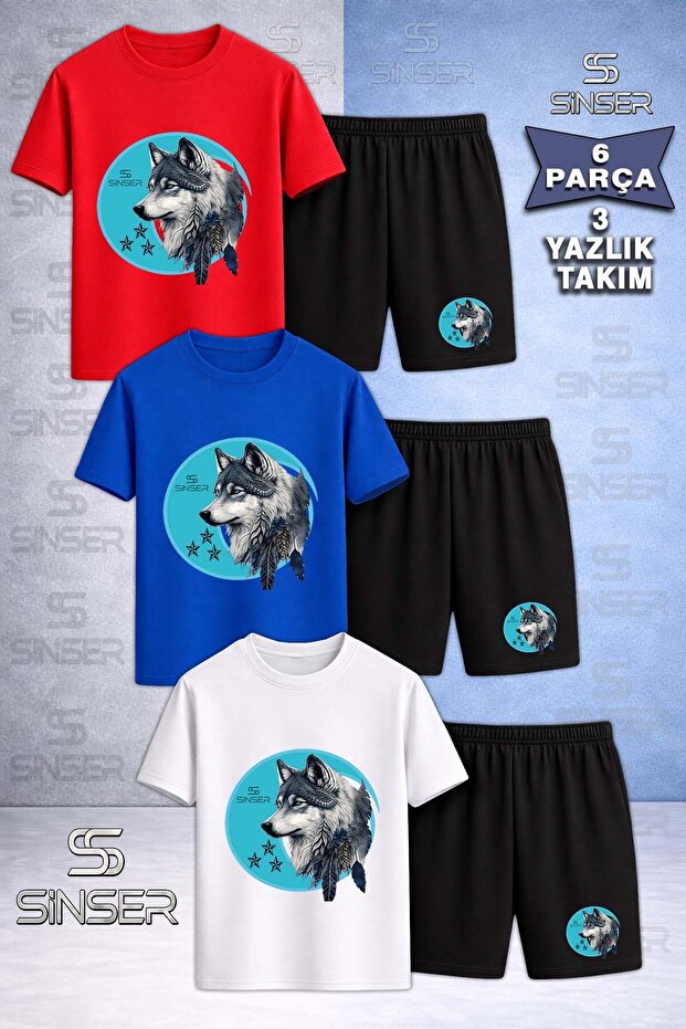 Children's Wolf Gray Turquoise Canvas Printed Crew Neck 3-Piece T-Shirt - Shorts Set