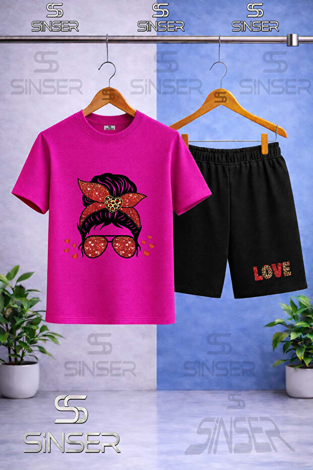 Children's Gozluklu Gril Red Leopard Pattern Printed Crew Neck T-Shirt - Shorts Set