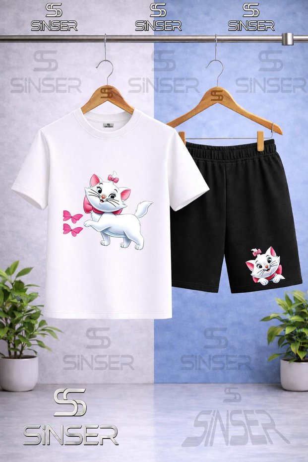 Children's Cat Butterfly Printed Crew Neck T-Shirt - Shorts Set