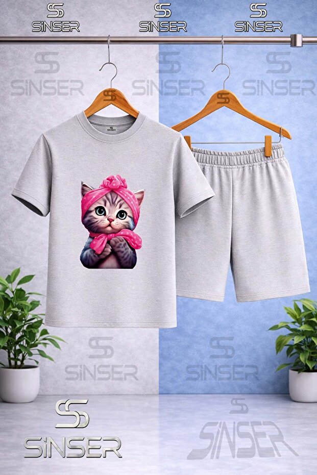 Children's Seker Cat Half Printed Crew Neck T-Shirt - Shorts Set
