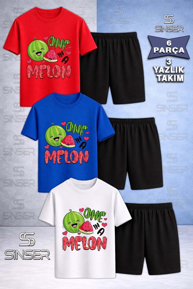 Children's Watermelon One Melon Written Printed Crew Neck 3-Piece T-Shirt - Shorts Set