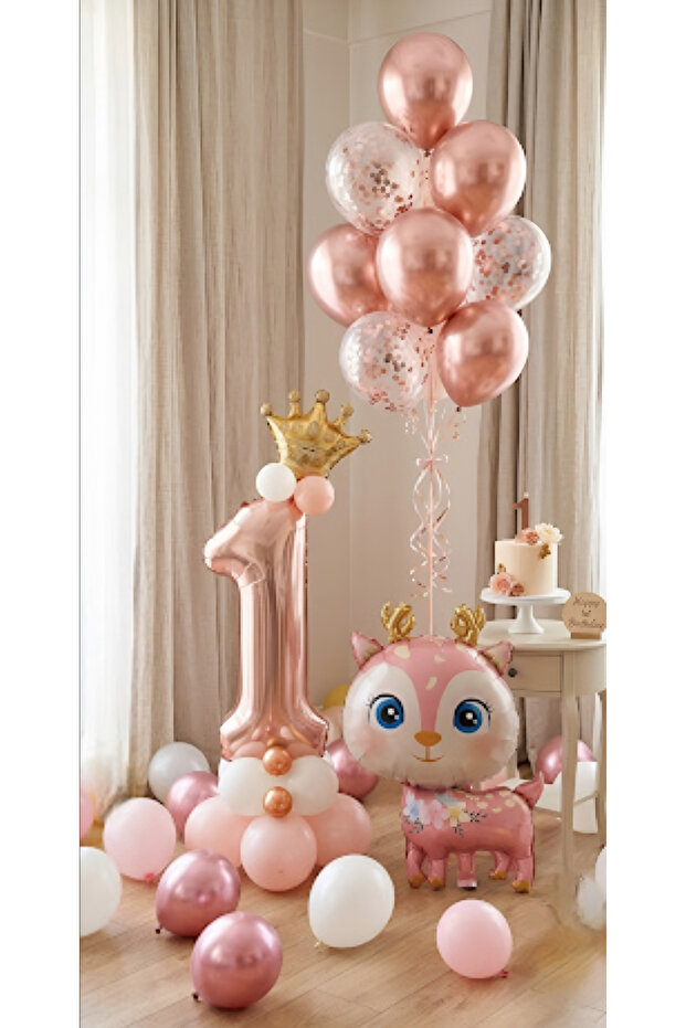 Rosegold 1 Year Old Birthday Balloon Set