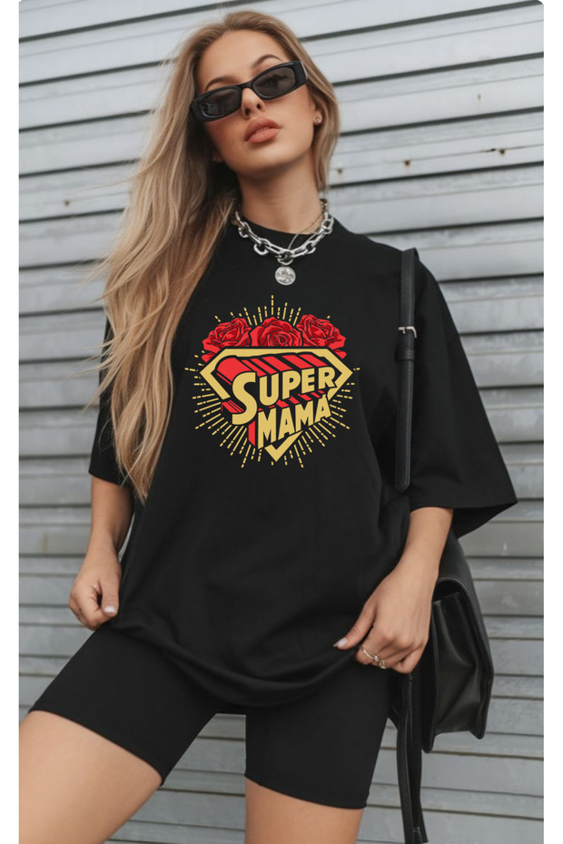 Mother's Day Mother Special Super Mama Printed Oversize Short Sleeve Black Tshirt