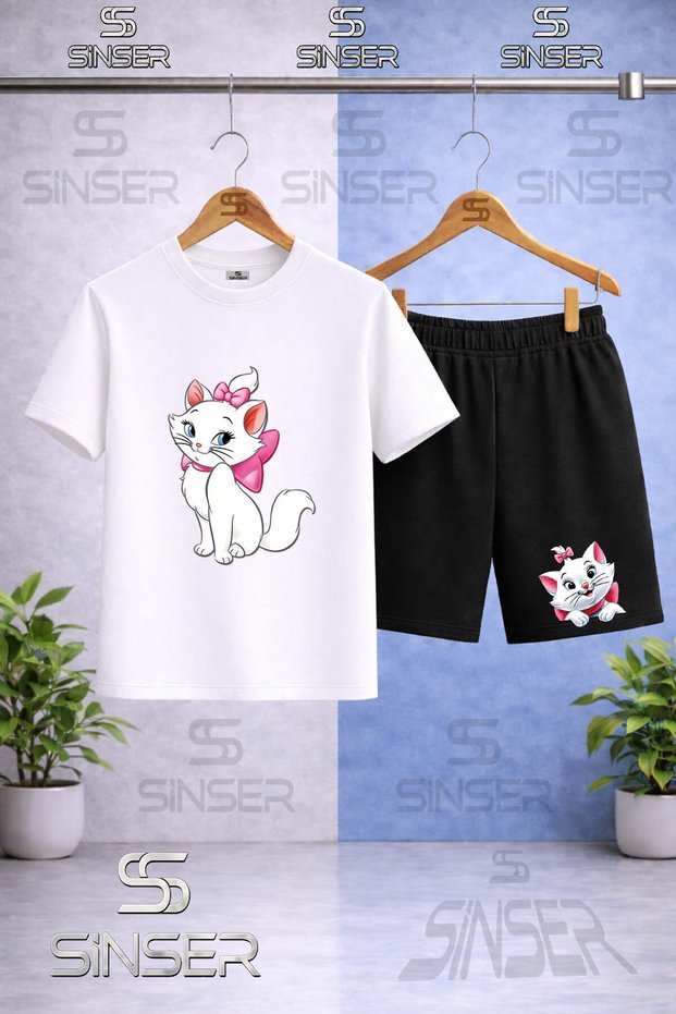 Children's Cat with Ribbon Side Printed Crew Neck T-Shirt - Shorts Set