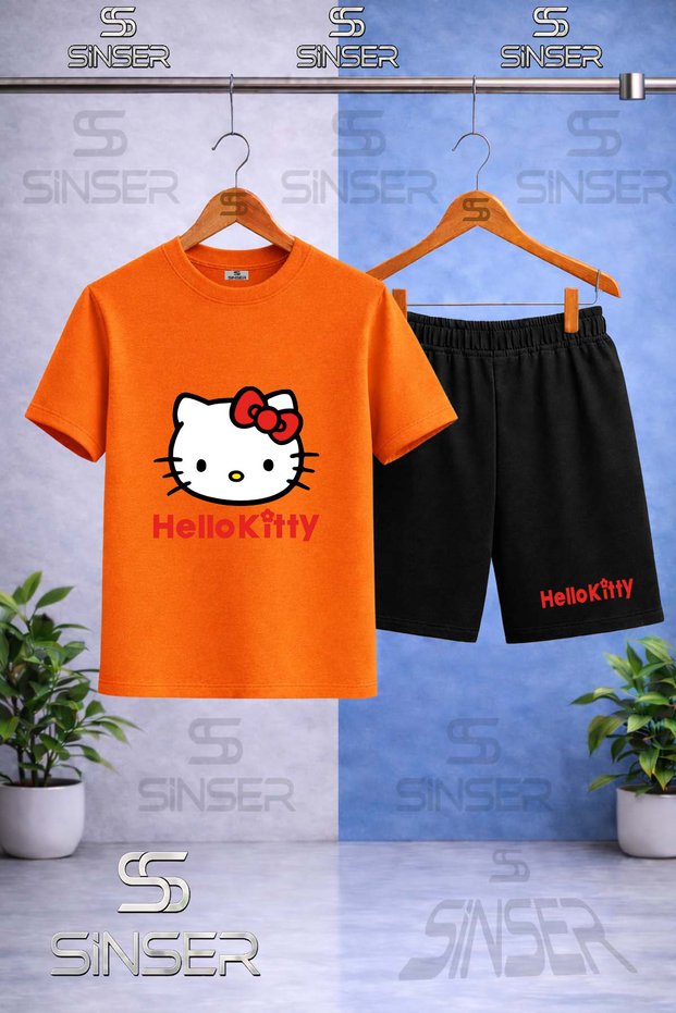 Children's Hello Kitty Red Writing Printed Crew Neck T-Shirt - Shorts Set