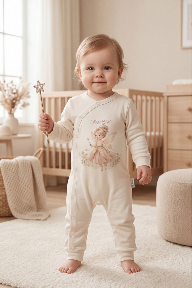 Baby Girl Jumpsuit Without Booties, Fairy Printed Snap Fastener Ecru Bodysuit Jumpsuit 5965