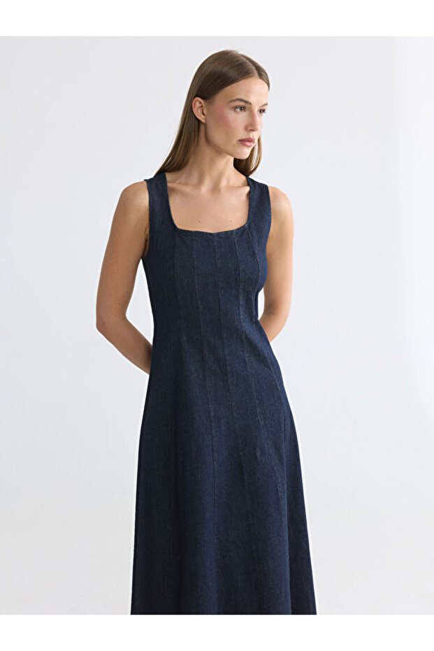 Esvab • Modern & Distinctive Square Collar A-Line Jean Dress