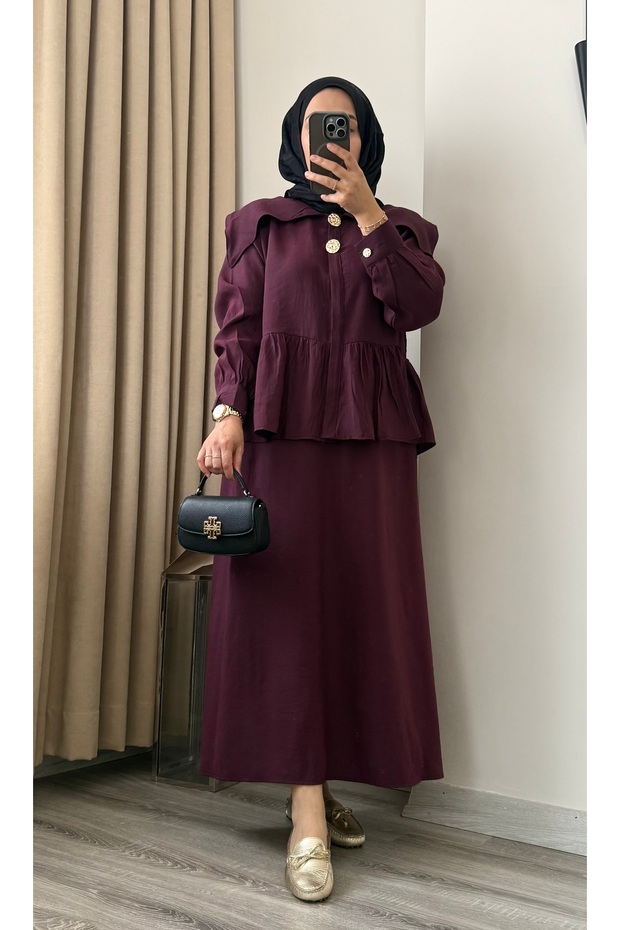 Gold Buttoned Mobile Belted Tencel Skirt Set