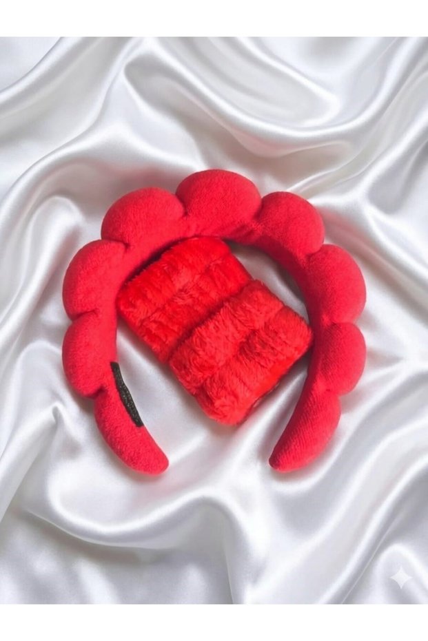 Red Women's Terry Cloth Curved Spa Makeup Crown and Face Washing Wristband Set / Hair Accessory