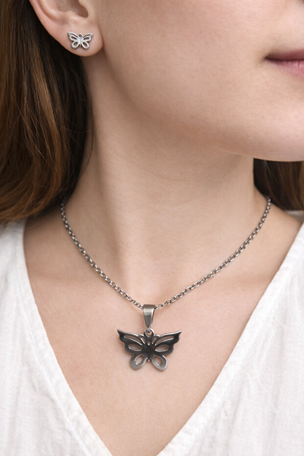 Stainless Steel Butterfly Necklace Earring Set Silver Color Women's Accessory