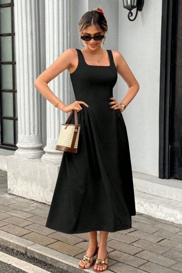 New Season Women's Strappy Square Collar Midi Imported Crepe Graduation Dress