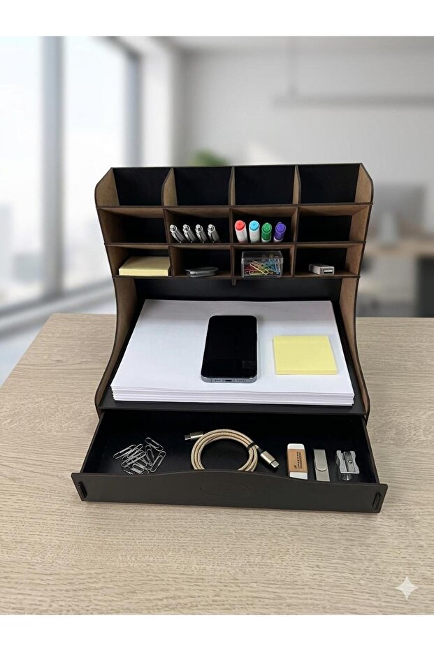 -Org Large Size Desktop Organizer | A4 Compatible 12-Compartment Wooden Pen Holder with Drawer