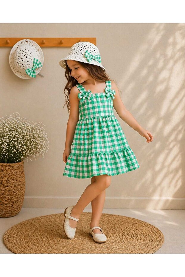 Hat and Straps Plaid Summer Girl's Dress