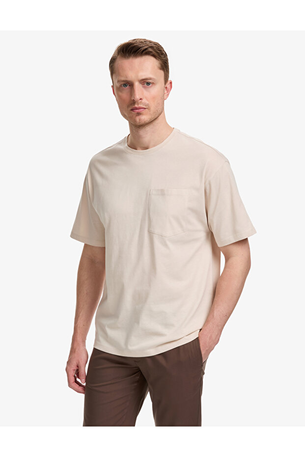 Beige Comfort Fit 100% Cotton Crew Neck Basic T-Shirt 50325300-Vr011