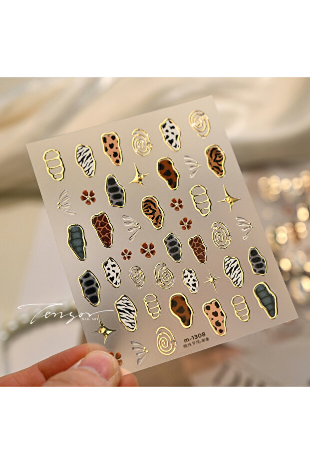 1pcs Retro Animal Pattern Nail Stickers Gold Color Nail Art Stickers Leopard Print Cow Print Self Ad