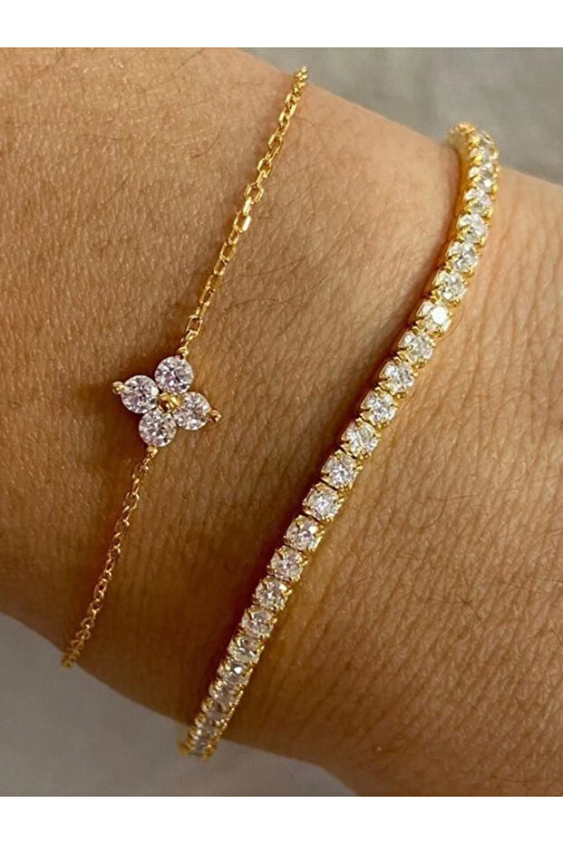 Gold 2pcs Simple Cubic Zirconia Flower Water Chain Women's Bracelet Set Daily Minimalist Silver Colo