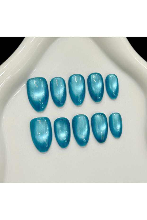 M 10pcs Handmade Glass Bead Cat Eyes Press on Nails Solid Color Fake Nails Wearable Reusable Ins Si.