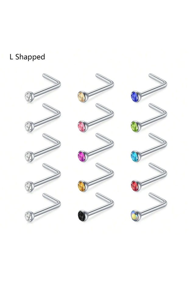 0.8x7x2mm L Shapped 15Pcs Nose Rings Studs for Women Mens Nose Rings Surgical Steel Real Stud Nose R