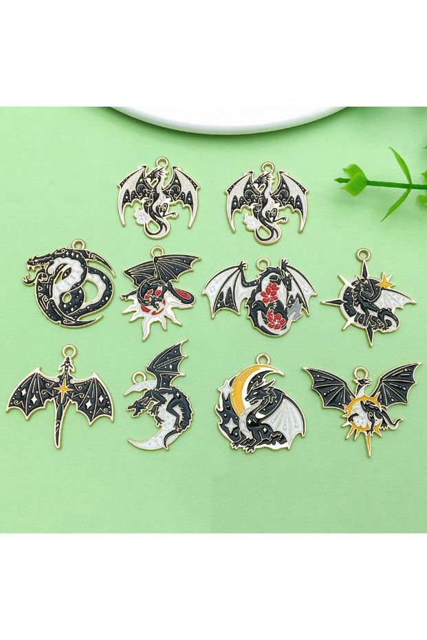 Mix-10pcs 10pcs Gothic Enamel Dragon Charms Alloy Animal Pendants for DIY Bracelets Necklaces Earrin