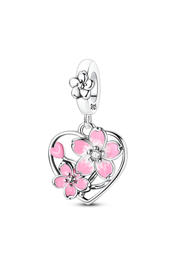 KTC1929 Original 925 Sterling Silver Charm Bead Rotatable Pink Sakura Pendant For Women Fit Original