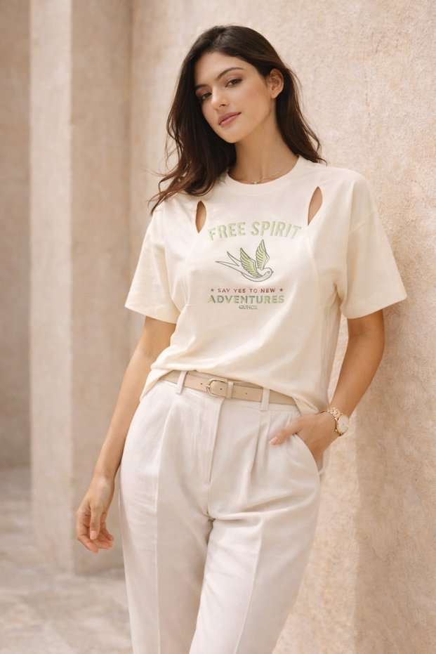 Women's Ecru Printed Oversize T-Shirt with Off-The-Shoulder Cut, Comfortable Cut, Casual T-Shirt