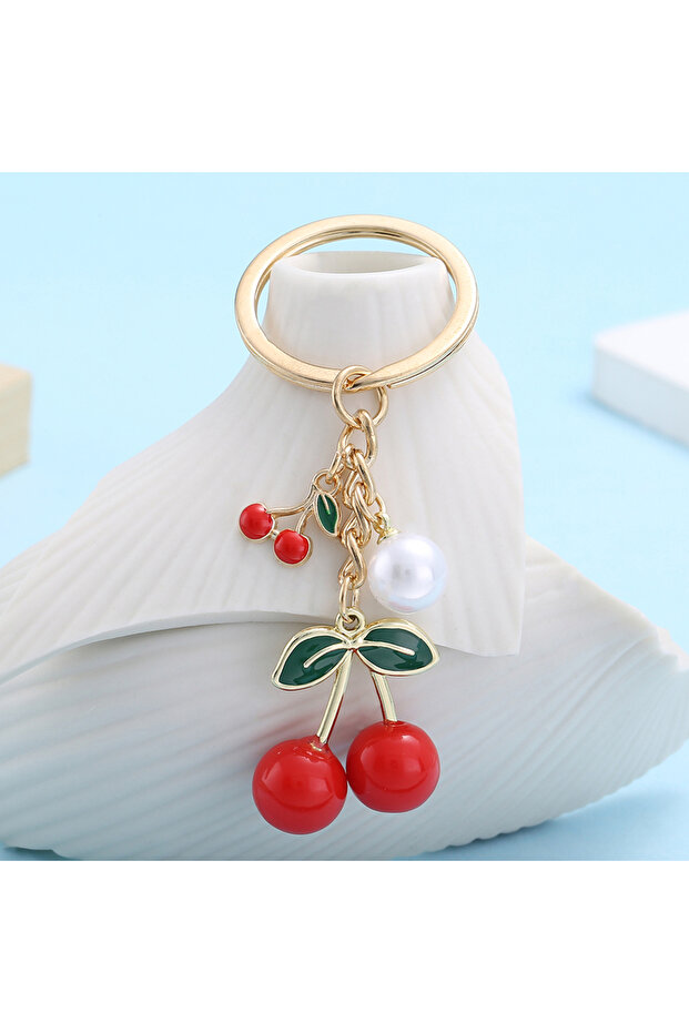 ER710 1pc Funky Cherry Keychain, Simulation Cherry Design Fashion Car Key Ring With Green Leaves Pen