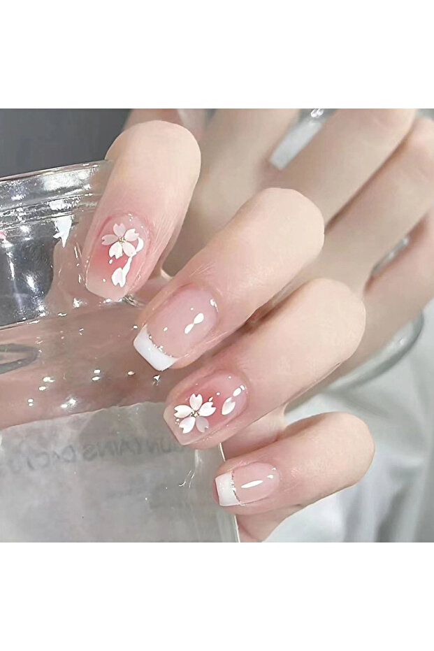 As show 24pcs Blush Pink Press On Nails White French Style Short Square False Nail Tips Camellia Flo