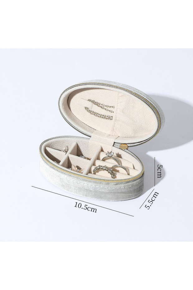 GRAY Velvet Jewelry Box - Compact Oval Organizer with Divided Compartments & Necklace Hook | Portabl