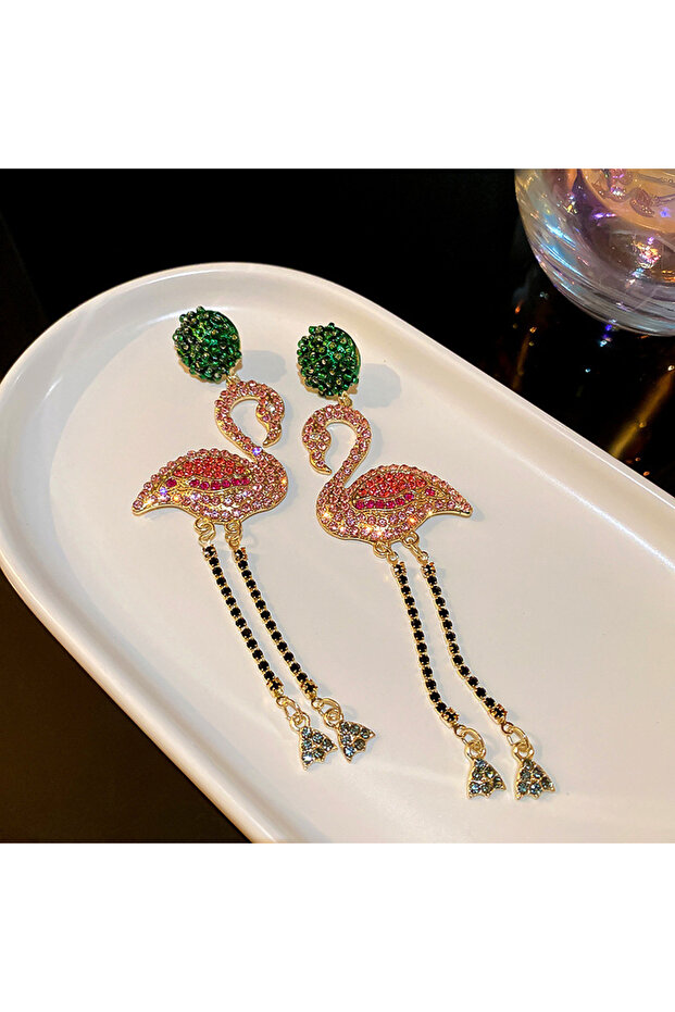 rhinestone earrings Sparkly Flamingo Pendant Earrings For Ladies Green Pink Rhinestone Drop Dangle E