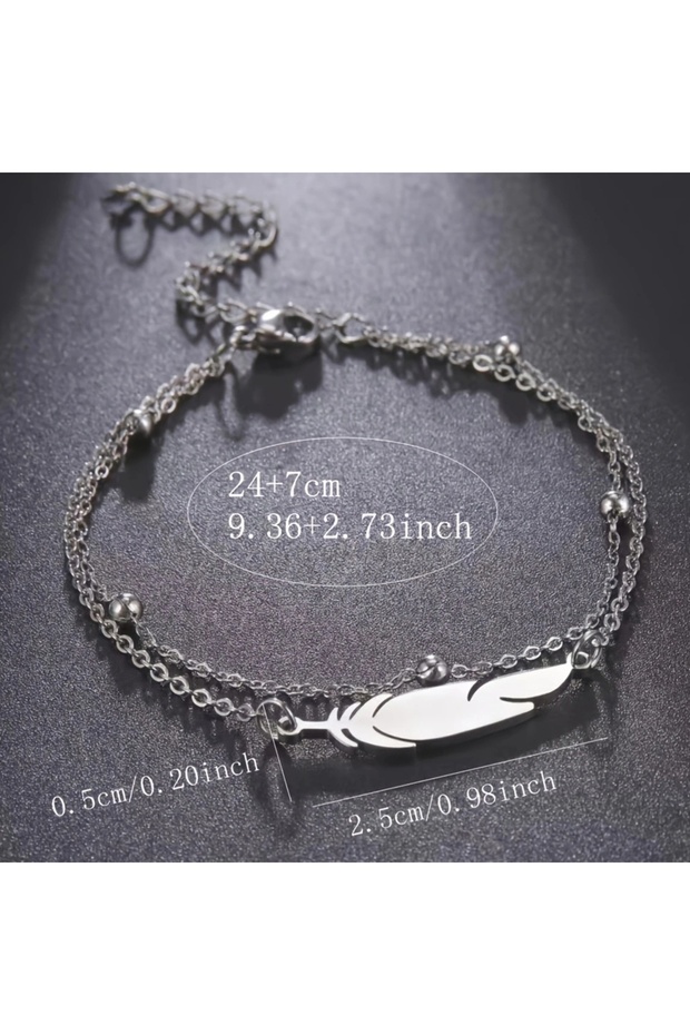 Silver Plated A Women's Summer Beach Feather Double-Layered Anklet with Beads, a Delicate and Stylis
