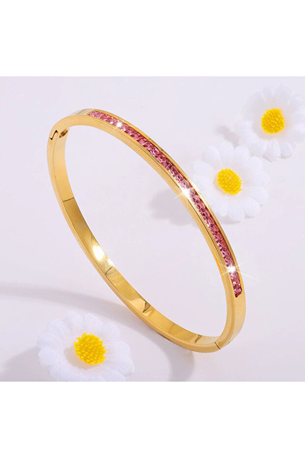 Pink E ZAKOL New Buling Pink Crystal Zirconia Stainless Steel Bracelet for Women Versatile Stackable