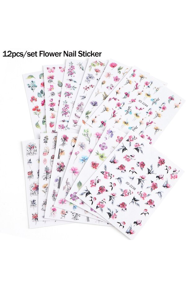 12PCs JO2238-2249 12pcs Design Shiny Flowers Nail Sticker 3D Pink Spring Blossom Nail Art Decals Gre