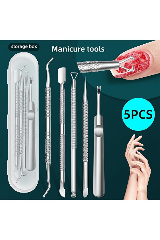 5pcs Stainless Steel Nail Polish Remover Set - Gel Peeler, Scraper & Cleaner Kit for Hands, Feet - O