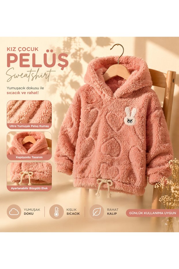 Girls' Plush Hooded Sweatshirt Soft Texture Warm and Comfortable for Daily Use
