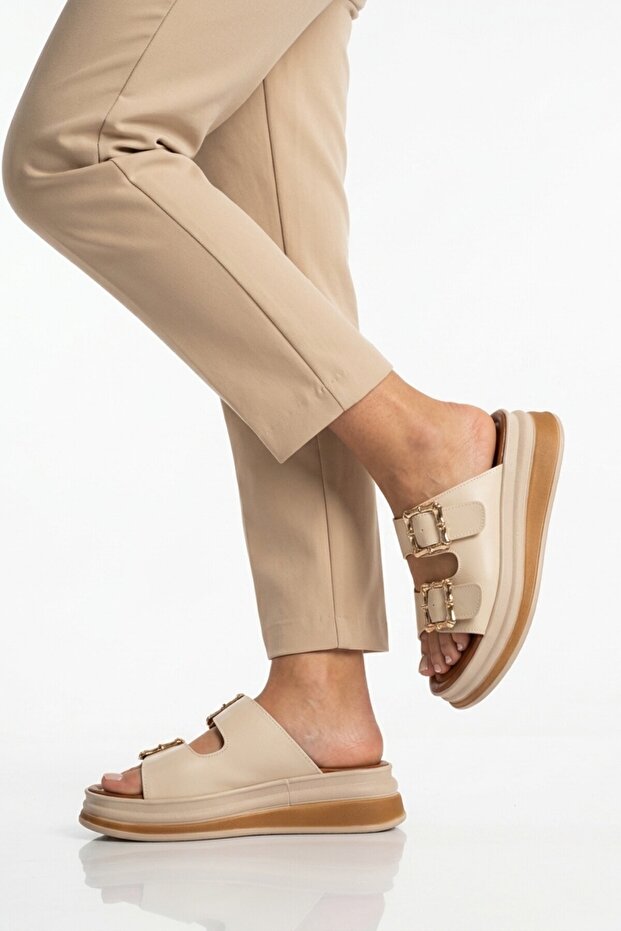 Beige Double Buckle Women's Flat Slippers