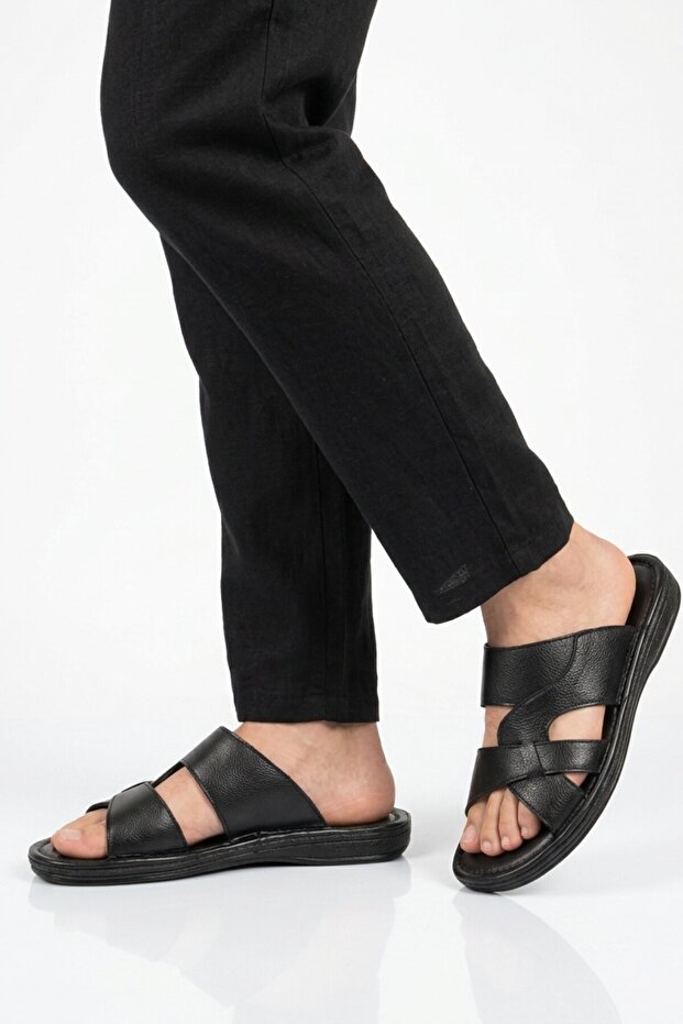 Black Genuine Leather Men's Flat Slippers