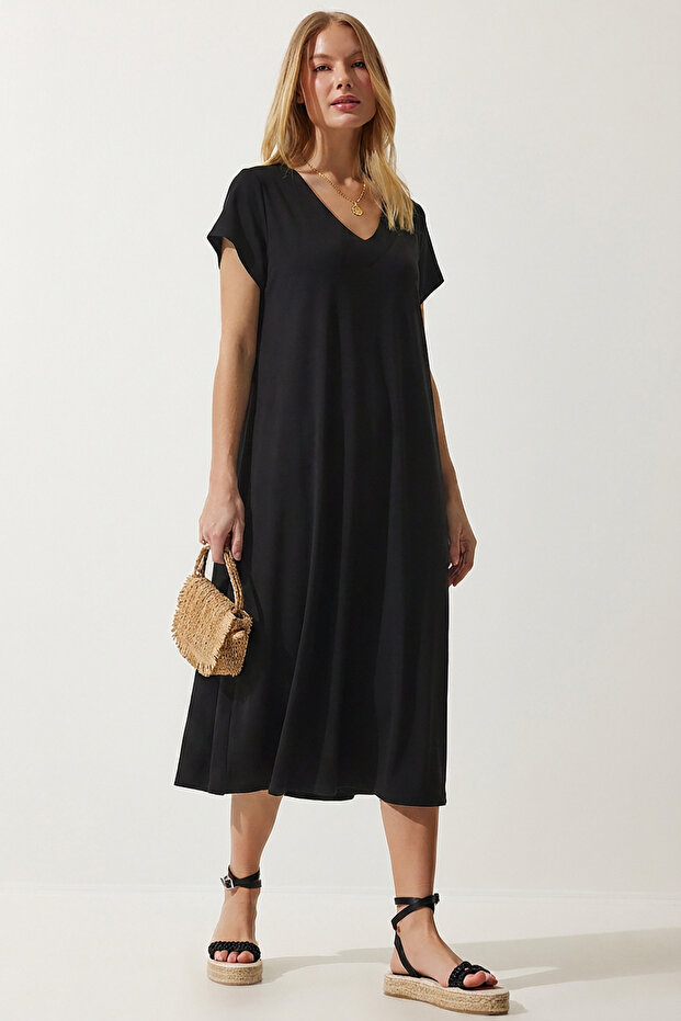 V-Neck Summer Flowy Viscose Dress Len0022 Black