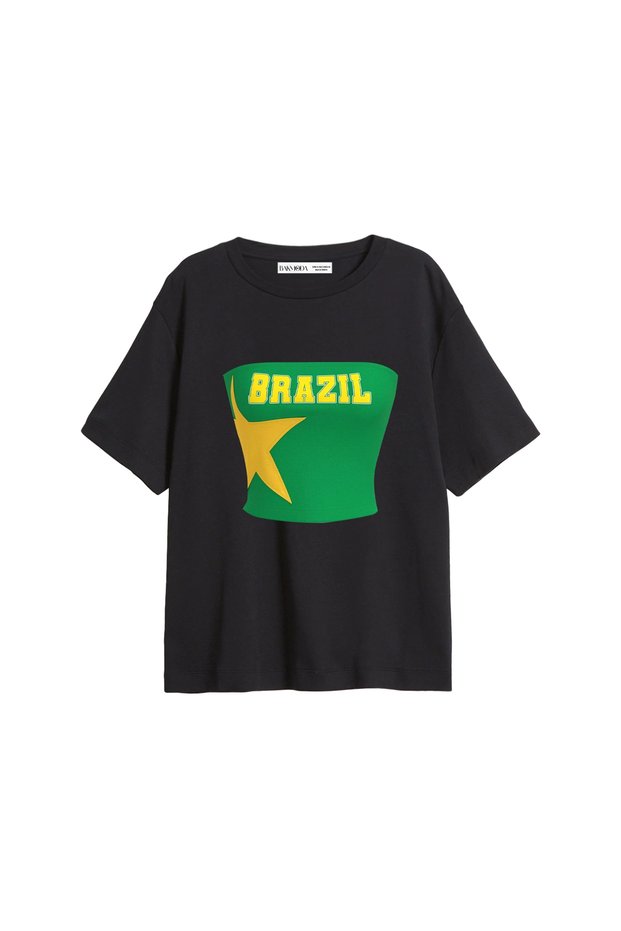 Brasil Star Printed Relaxed Fit Black Women's Tshirt