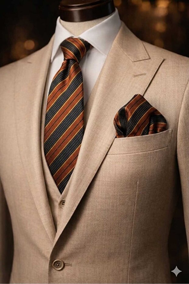 Men's Striped Tan Black Tie Handkerchief