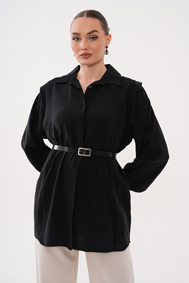 Modal Woven Shirt with Hidden Placket and Waist Belt