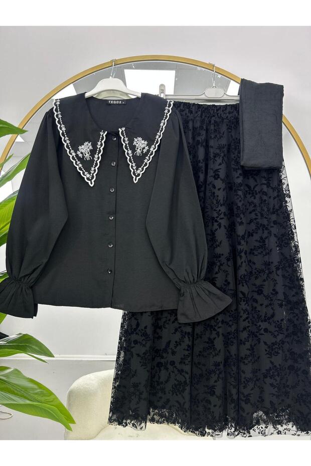 Embroidered Collar Blouse with Lace Skirt Set