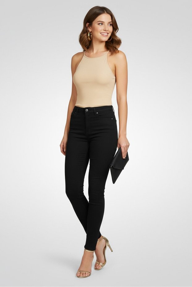 Women Crew Neck Sleeveless Ribbed Tank Top, Beige