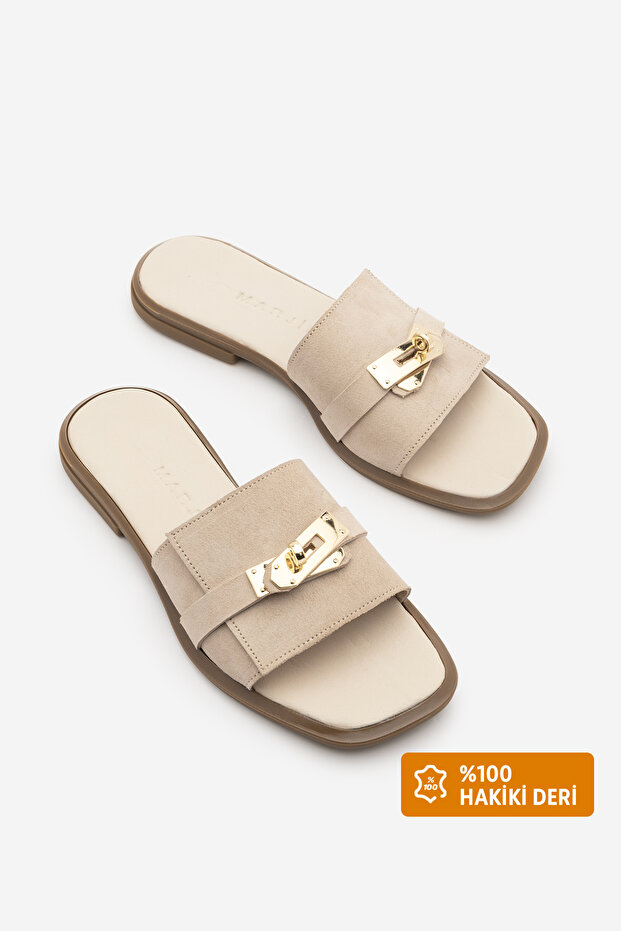 Women's Genuine Leather Thick-Strapped Buckle Casual Slippers Sivera Beige Suede