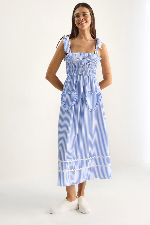 Women's Blue and White Striped Gipeli Midi Dress with Chest Detail, Tie-Strap Design, and Pocket Detail 35510 60286177.