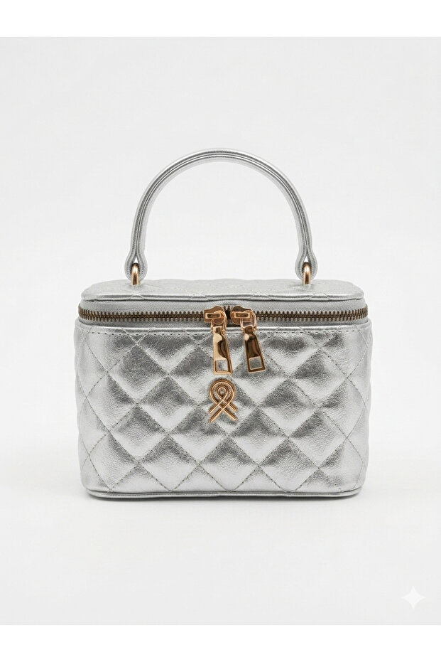 Women's Silver Luxury Design Embroidery Detailed Hand-Held Handle Knitted Chain Box Model Hand & Shoulder Bag