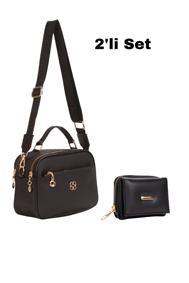 Women's Black Hand and Shoulder Bag with Three Compartments and Black Wallet Card Holder